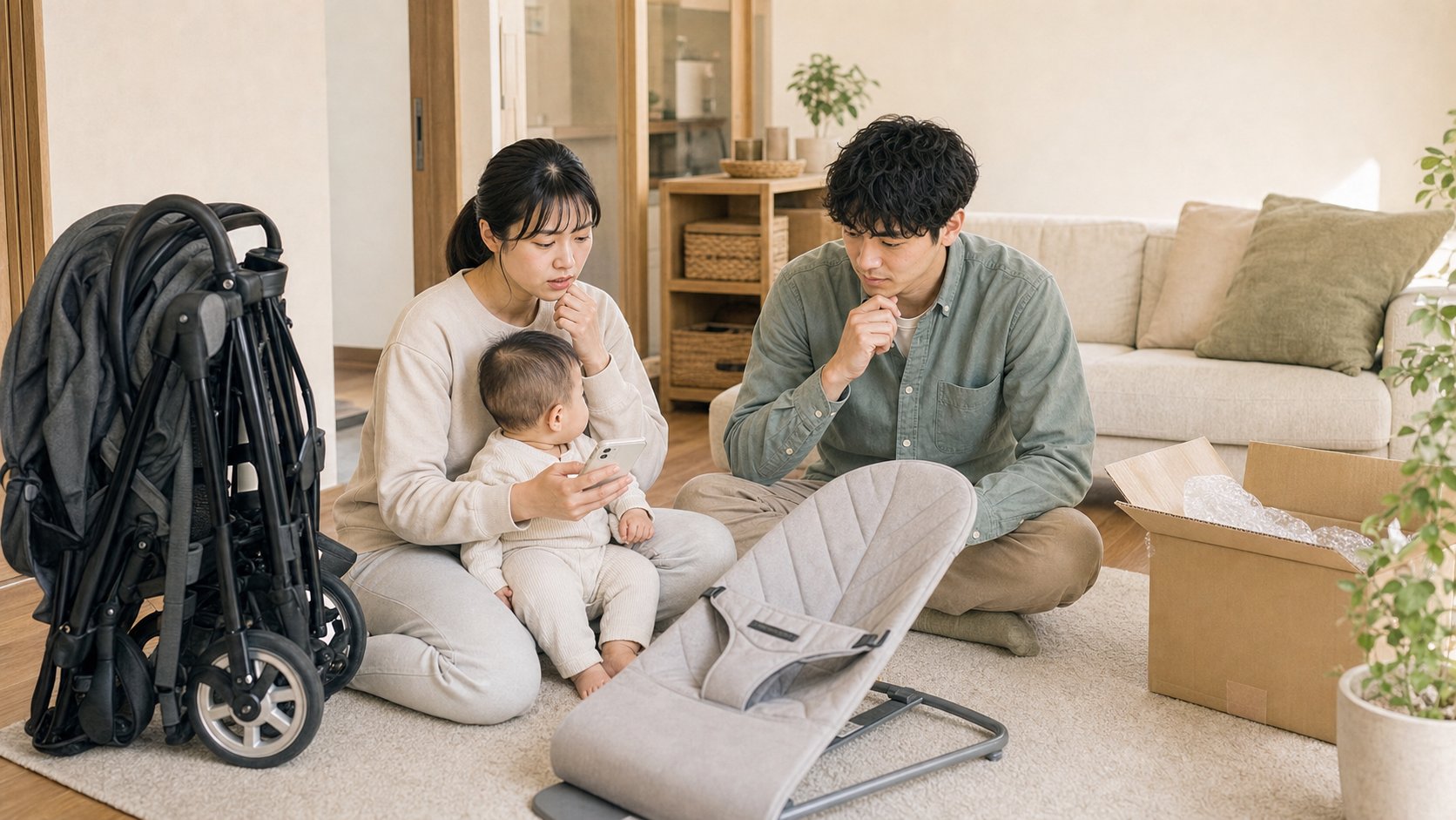 届いたベビー用品が想定どおり使えるか悩む家族