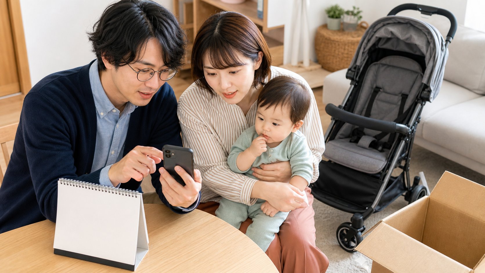 リビングで父母がスマホを見ながら相談、幼児同席、奥に届いたベビーカーと段ボール