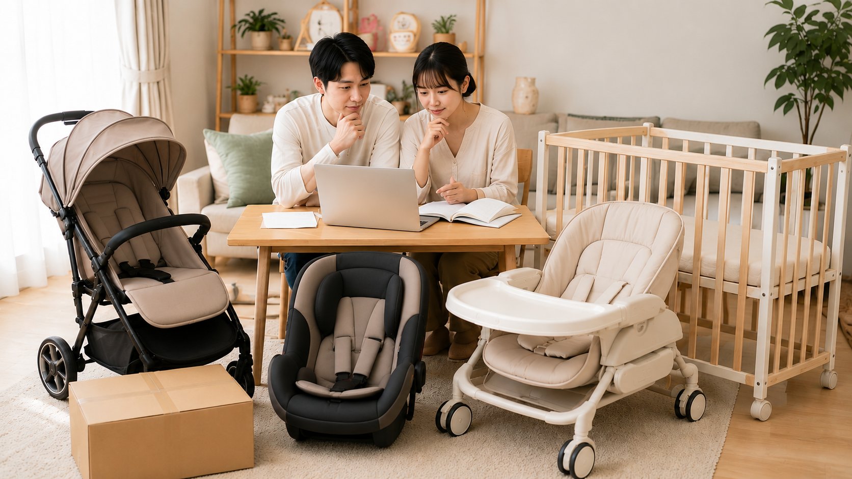 リビングにベビーカー・チャイルドシート・ハイチェア・ベビーベッドが並び夫婦がPCで比較