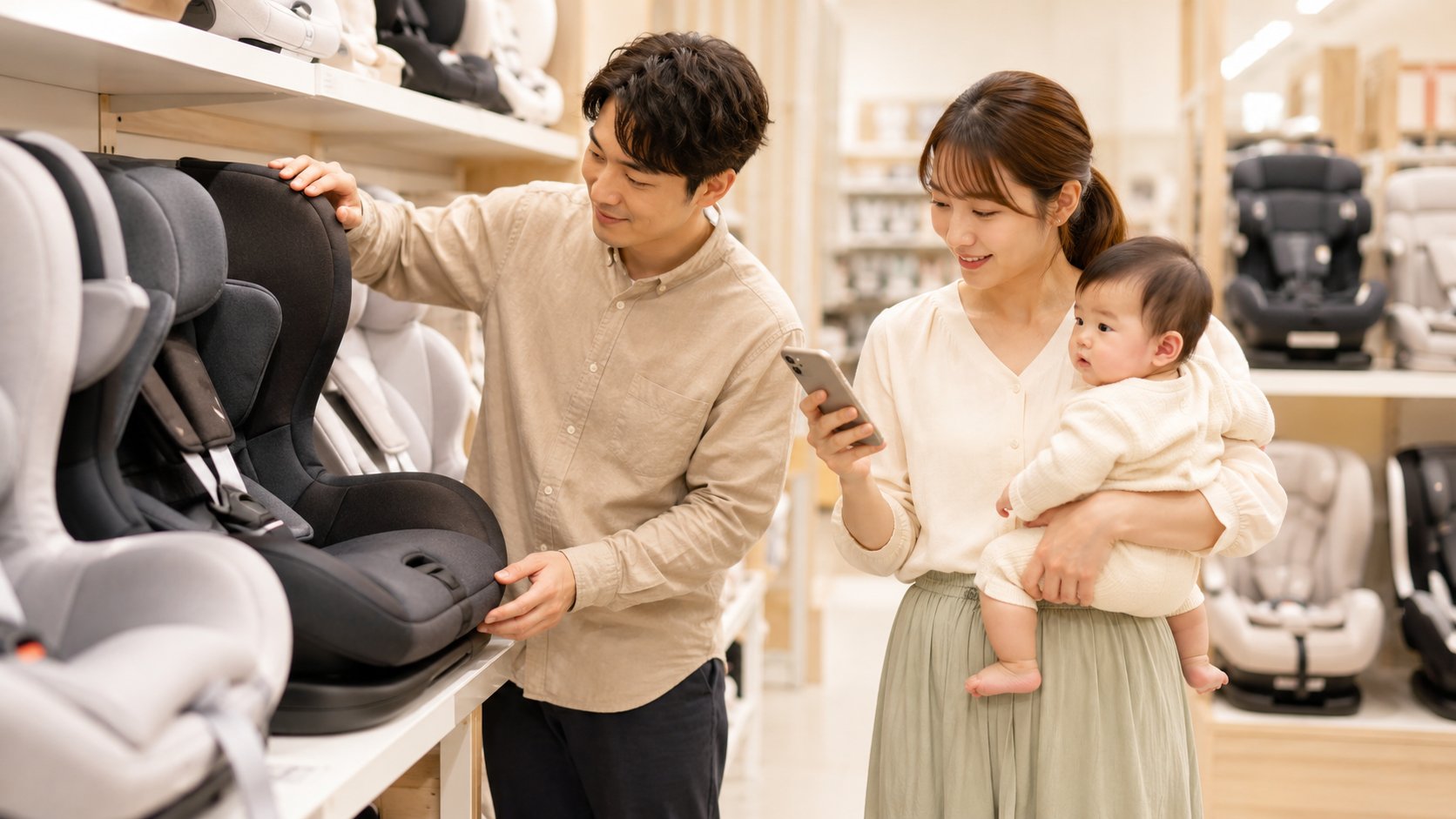 ベビー用品店の陳列棚でチャイルドシートを比較、父がスマホで情報確認