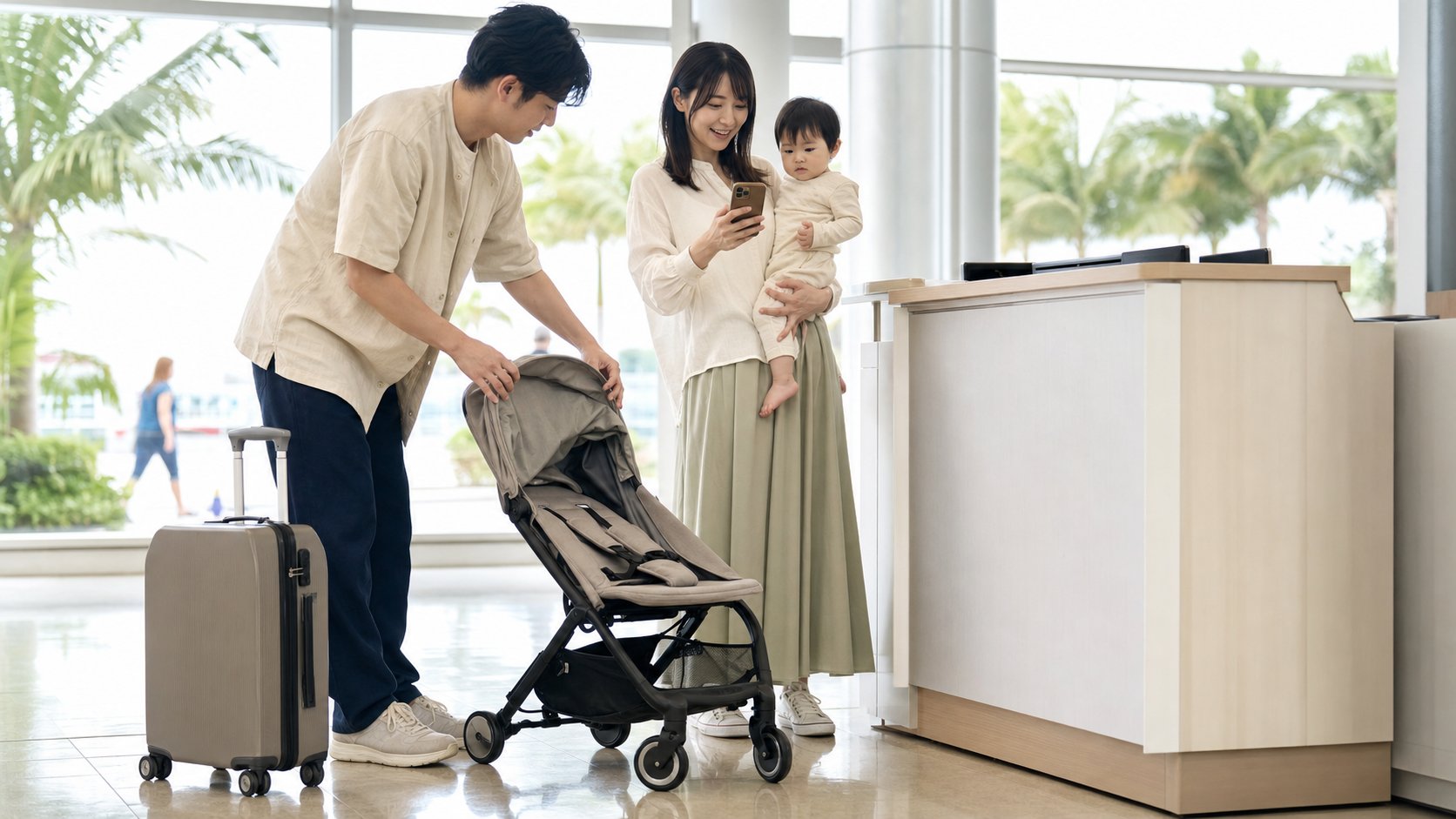 南国リゾートロビーで父がベビーカーを広げ、幼児を抱く母がスマホ確認
