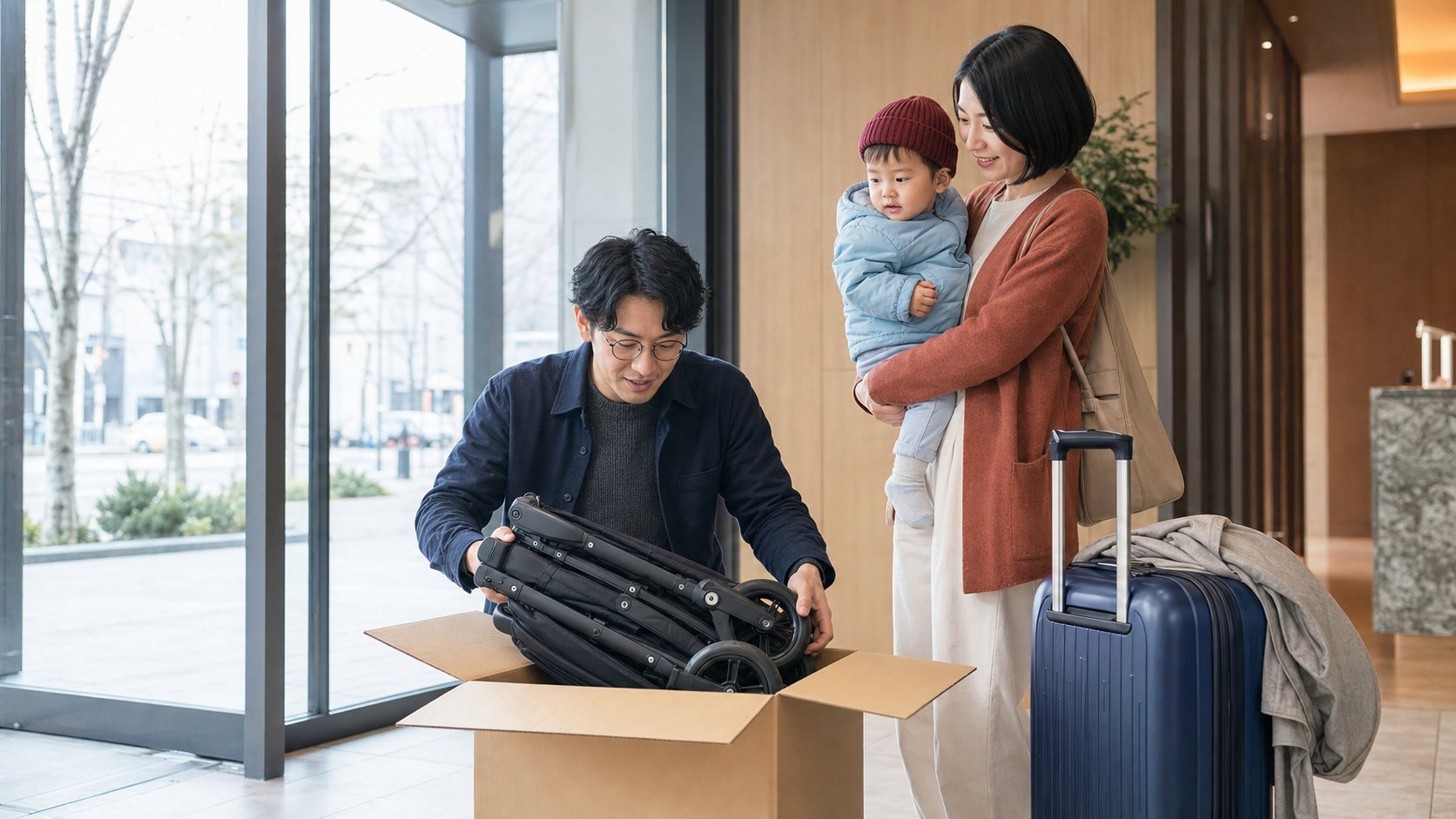 赤ちゃんを木製ベビーベッドへ寝かせる日本人夫婦