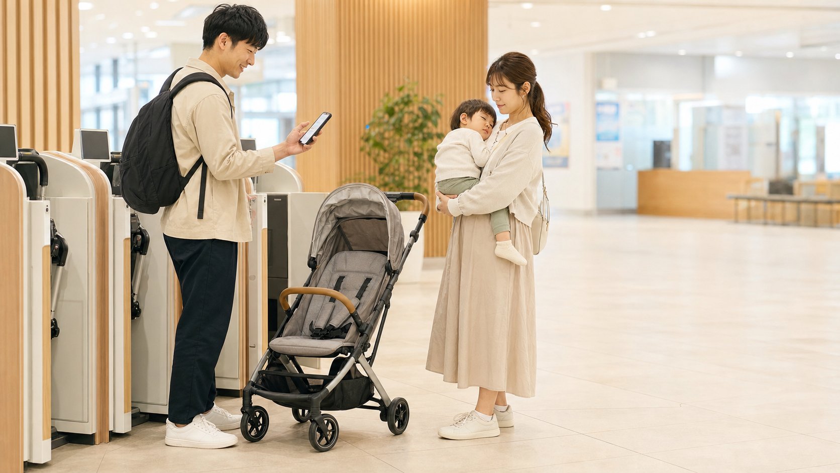 改札前でベビーカー横に立つ父がスマホ操作、母が眠る幼児を抱いて微笑む