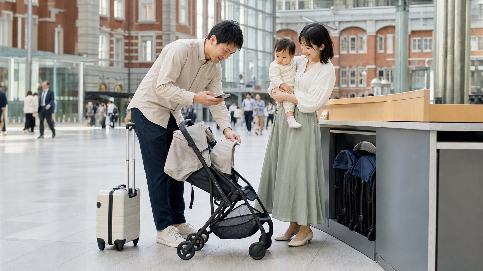 東京駅でレンタルベビーカーを受け取る家族