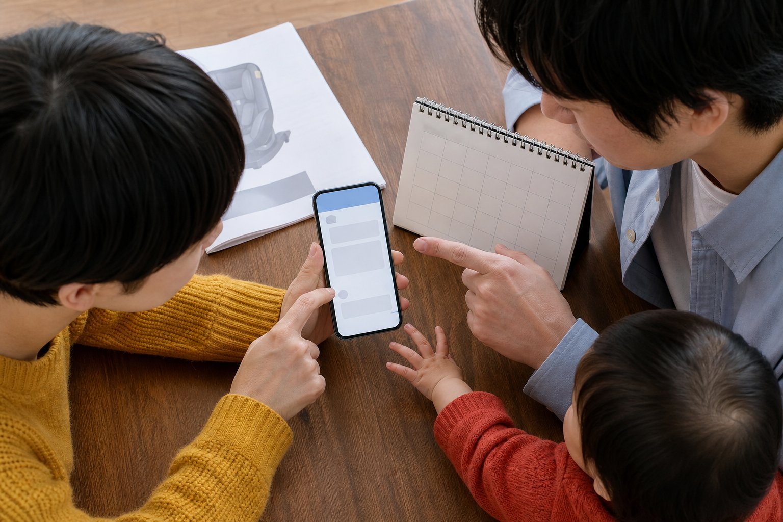 チャイルドシートの1日レンタルの料金相場の場面を確認する子連れ家族