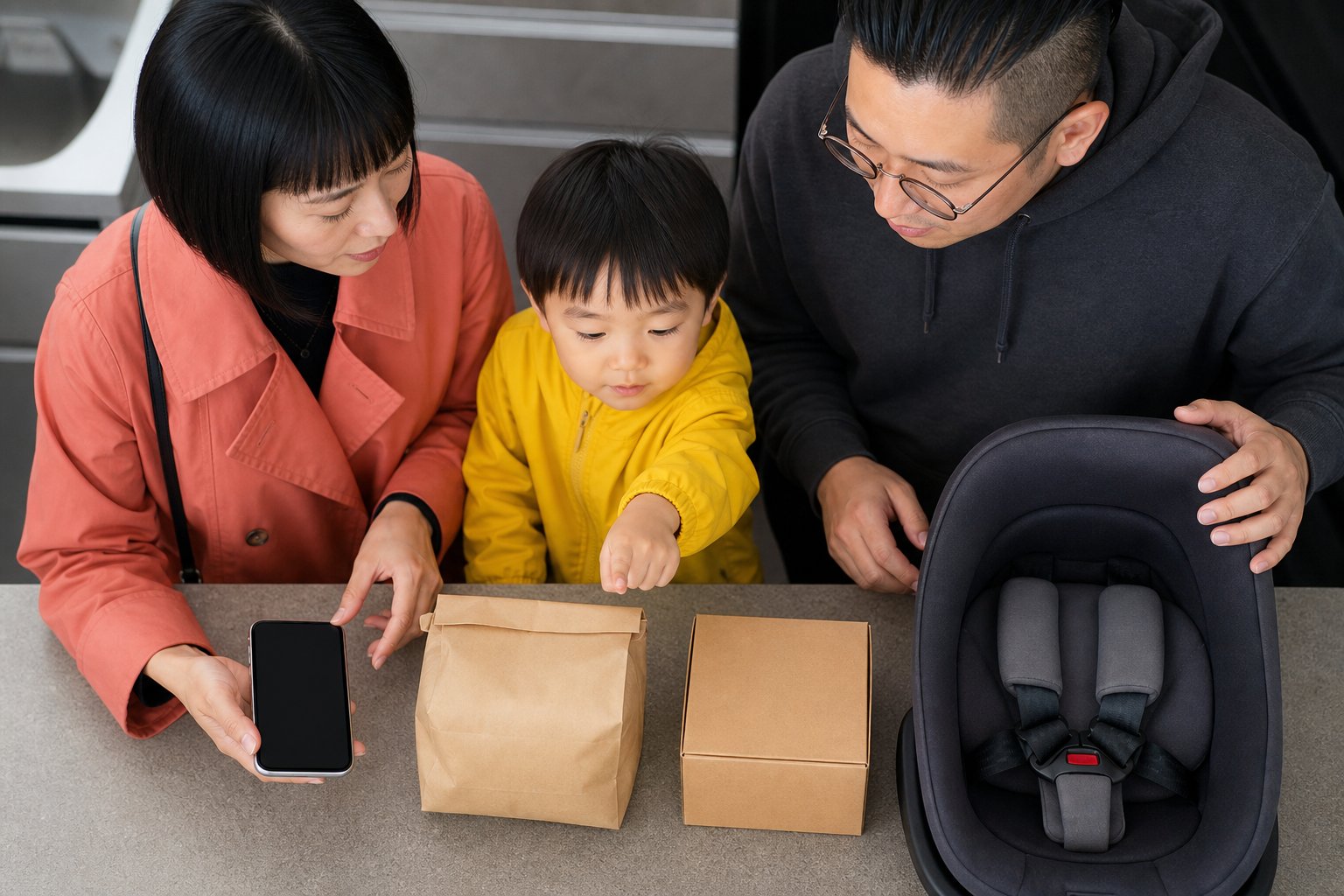 チャイルドシートを当日レンタルする4つの方法の場面を確認する子連れ家族