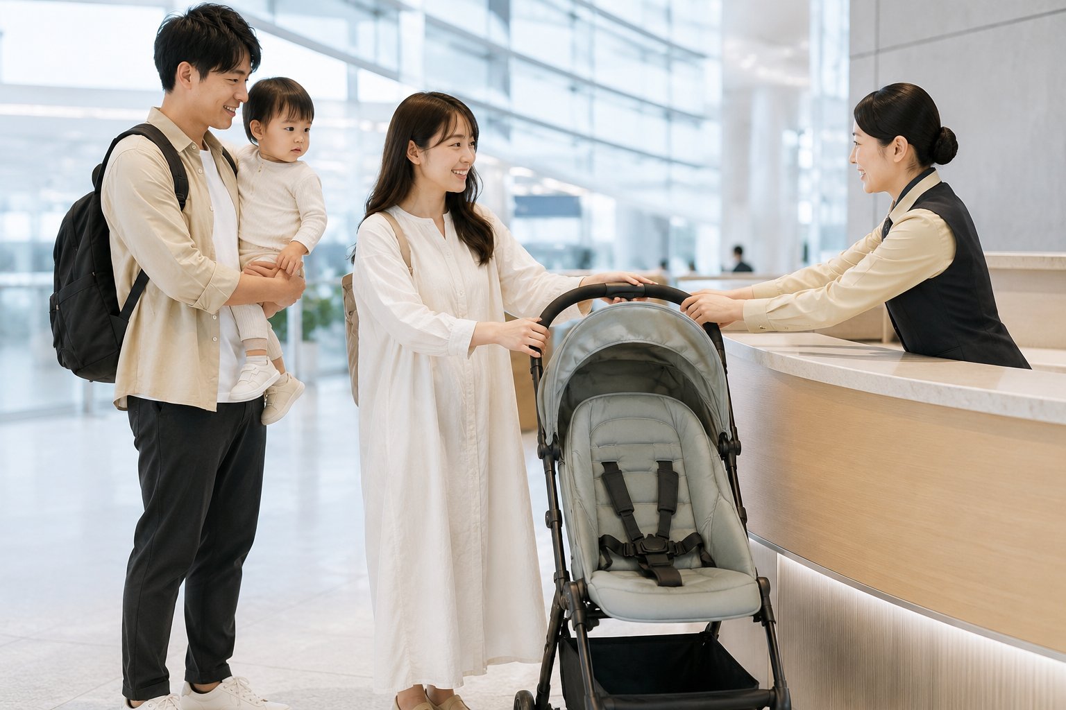 羽田空港の案内カウンターで貸出ベビーカーを受け取る家族