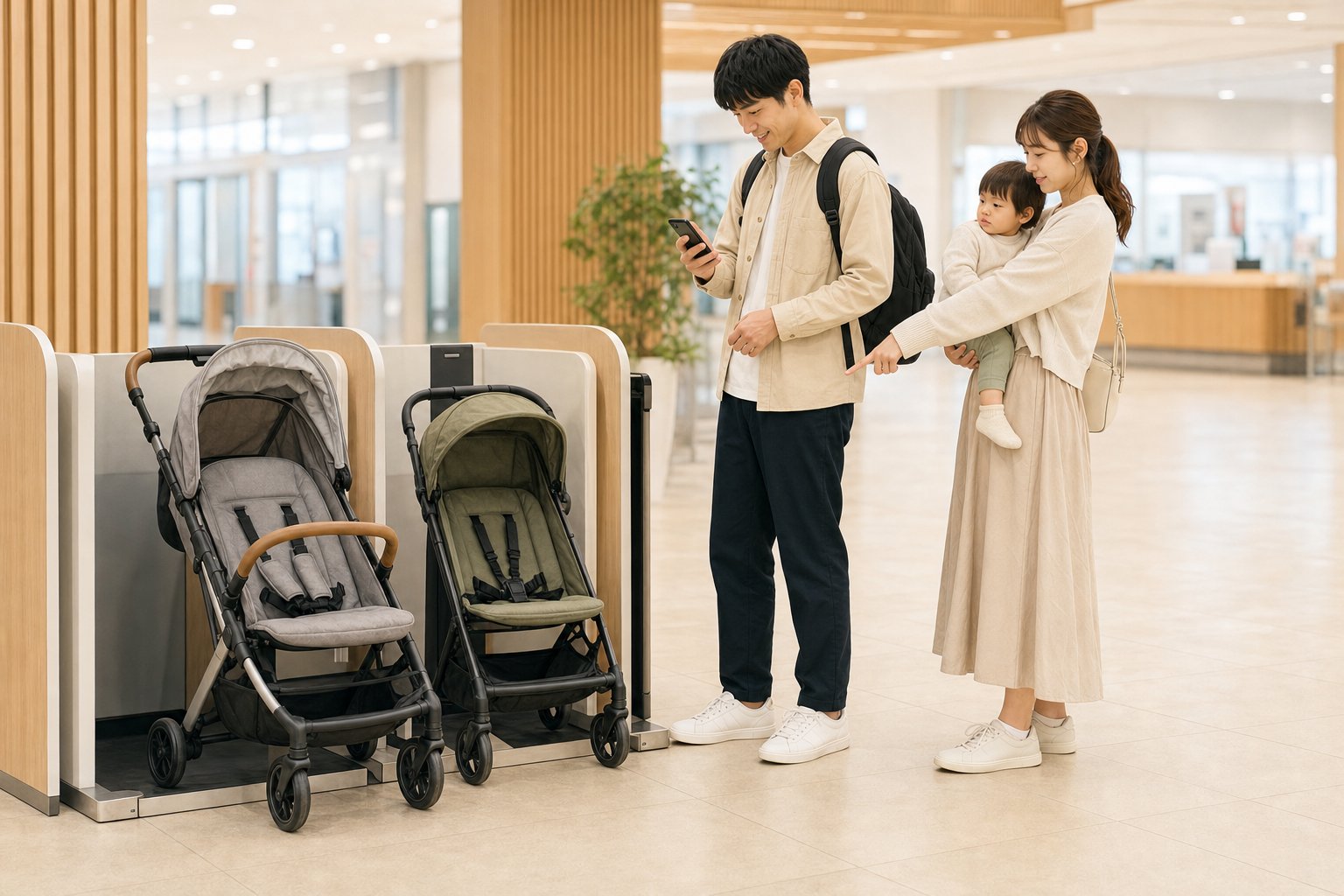 駅の貸出スポットで二つのベビーカーを比較する家族
