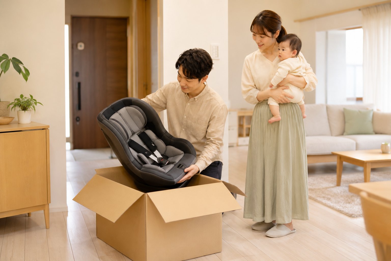 自宅に届いたレンタル用チャイルドシートを開封する家族