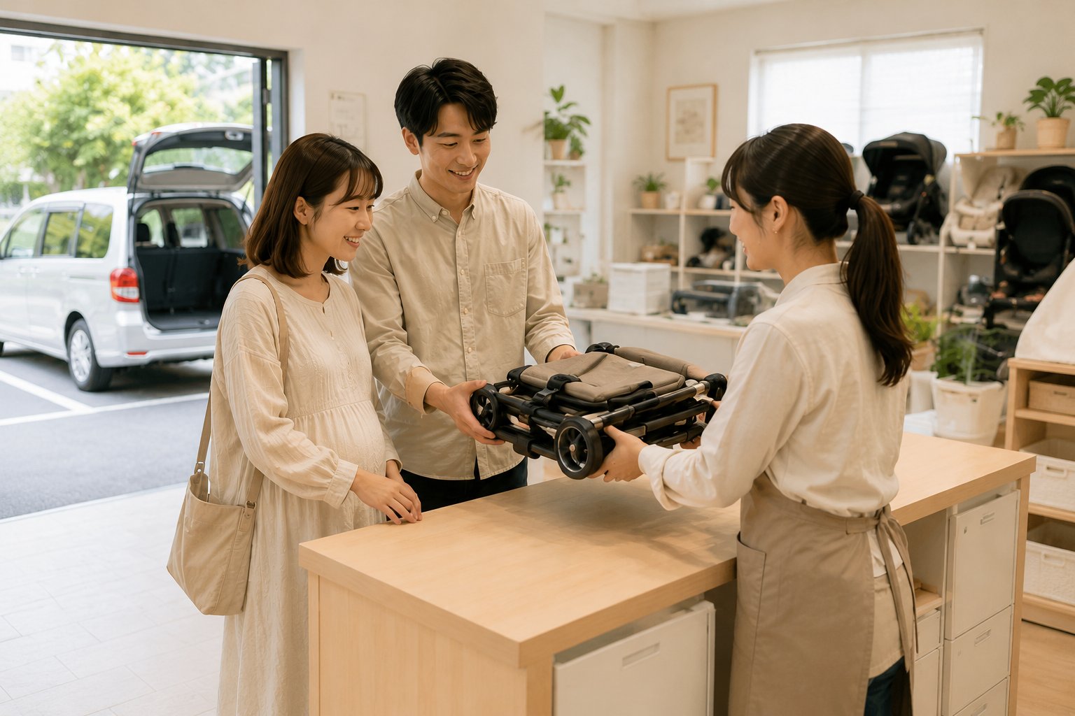 レンタル店舗で折りたたんだベビー用品を受け取る夫婦