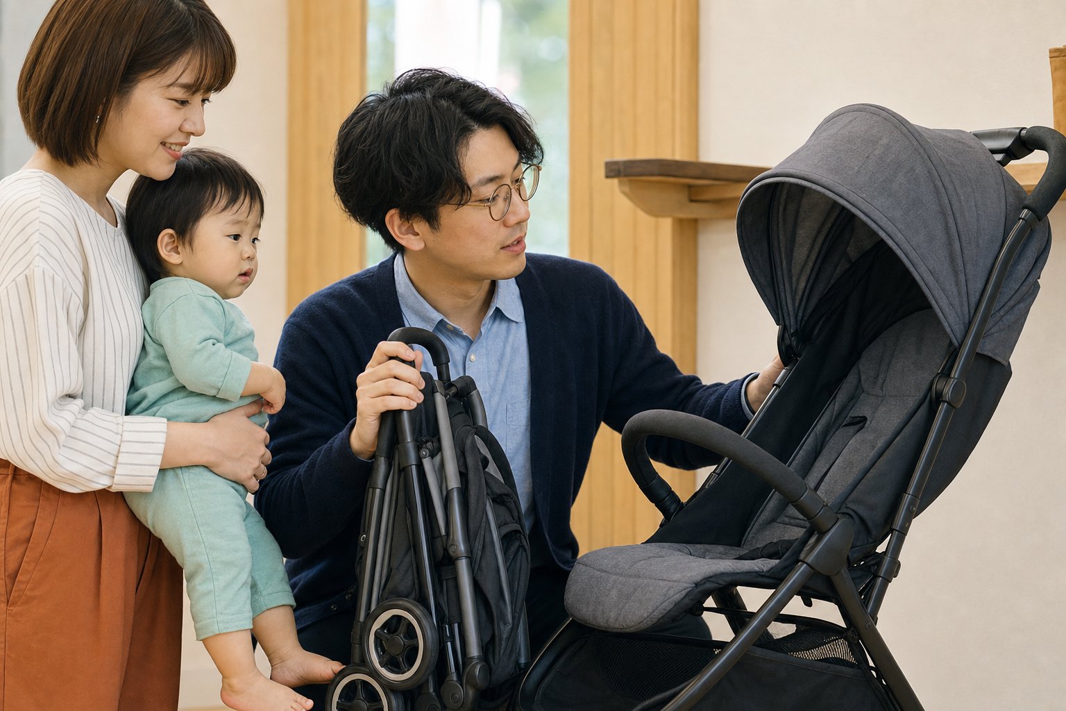 乳幼児向けベビーカーと軽量ベビーカーを比べる家族