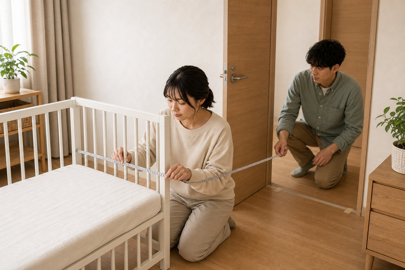 ベビーベッドと搬入経路の寸法を測る夫婦