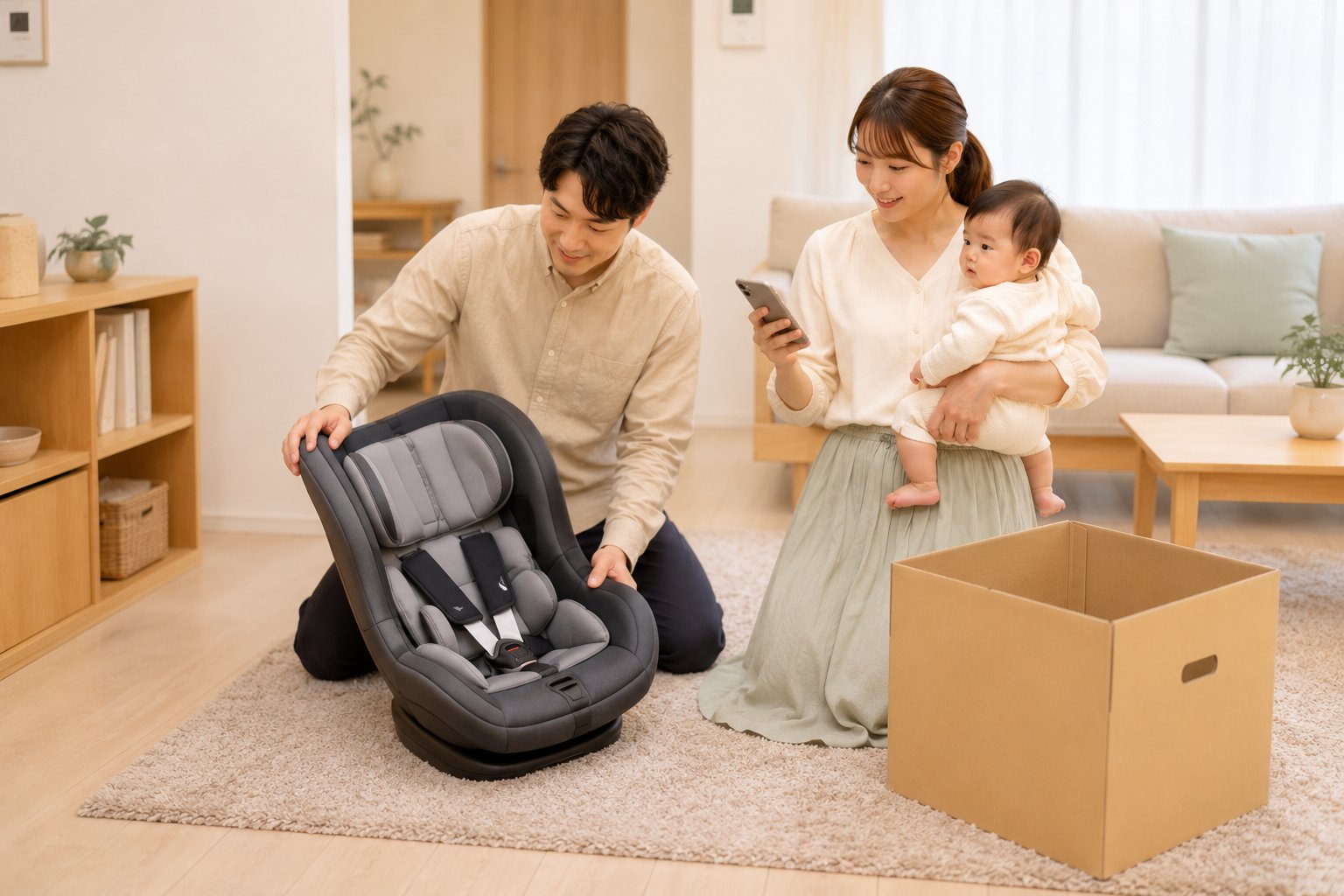 チャイルドシートを試しながらレンタルと購入を検討する家族