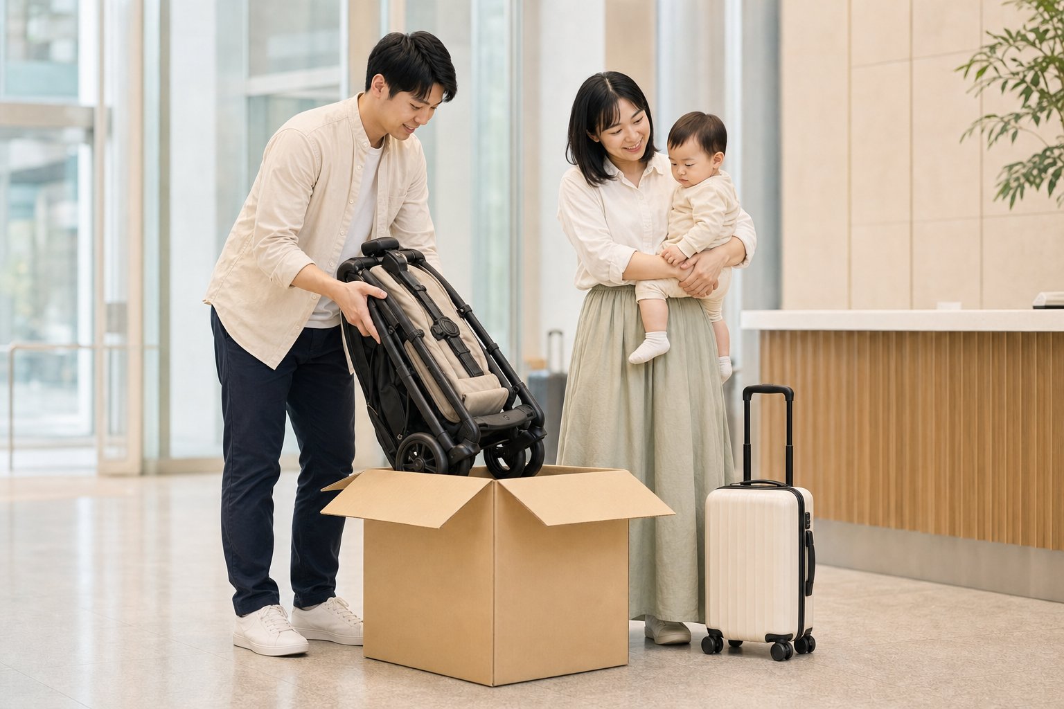 大阪の滞在先に届いた折りたたみベビーカーを開封する家族