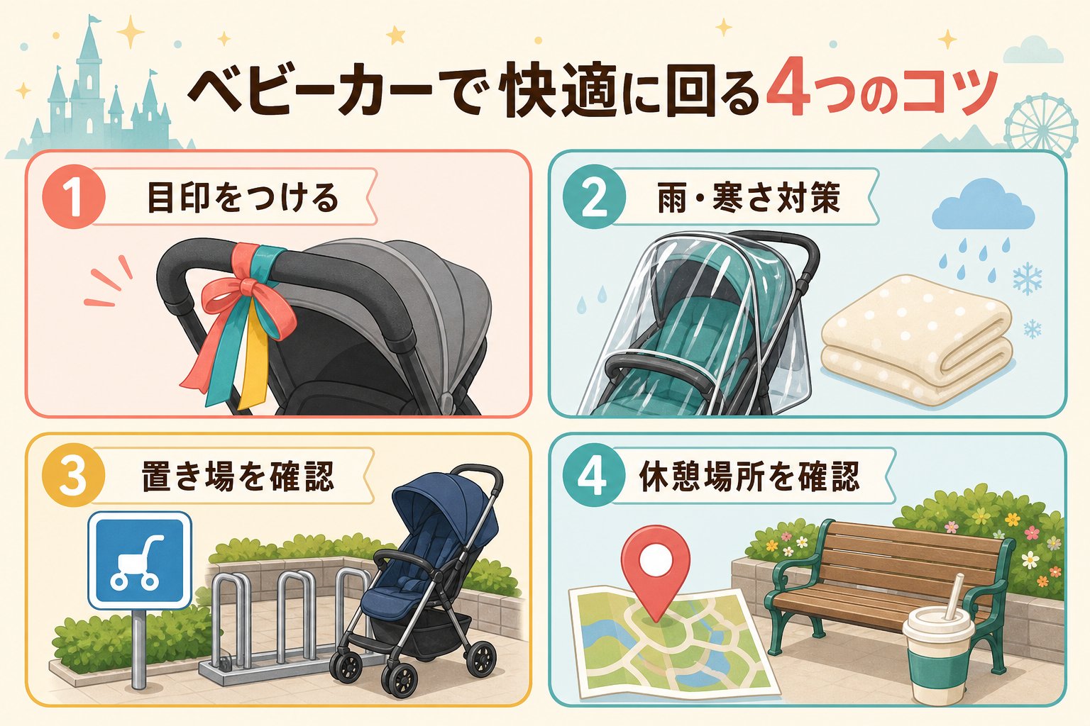 ベビーカーで快適に回るための4つのコツを示した図
