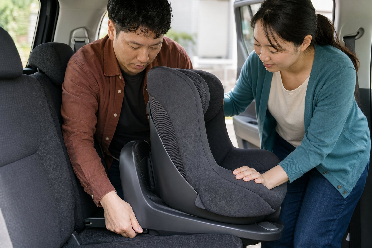 車内で父母が二人がかりでチャイルドシートの設置角度を確認