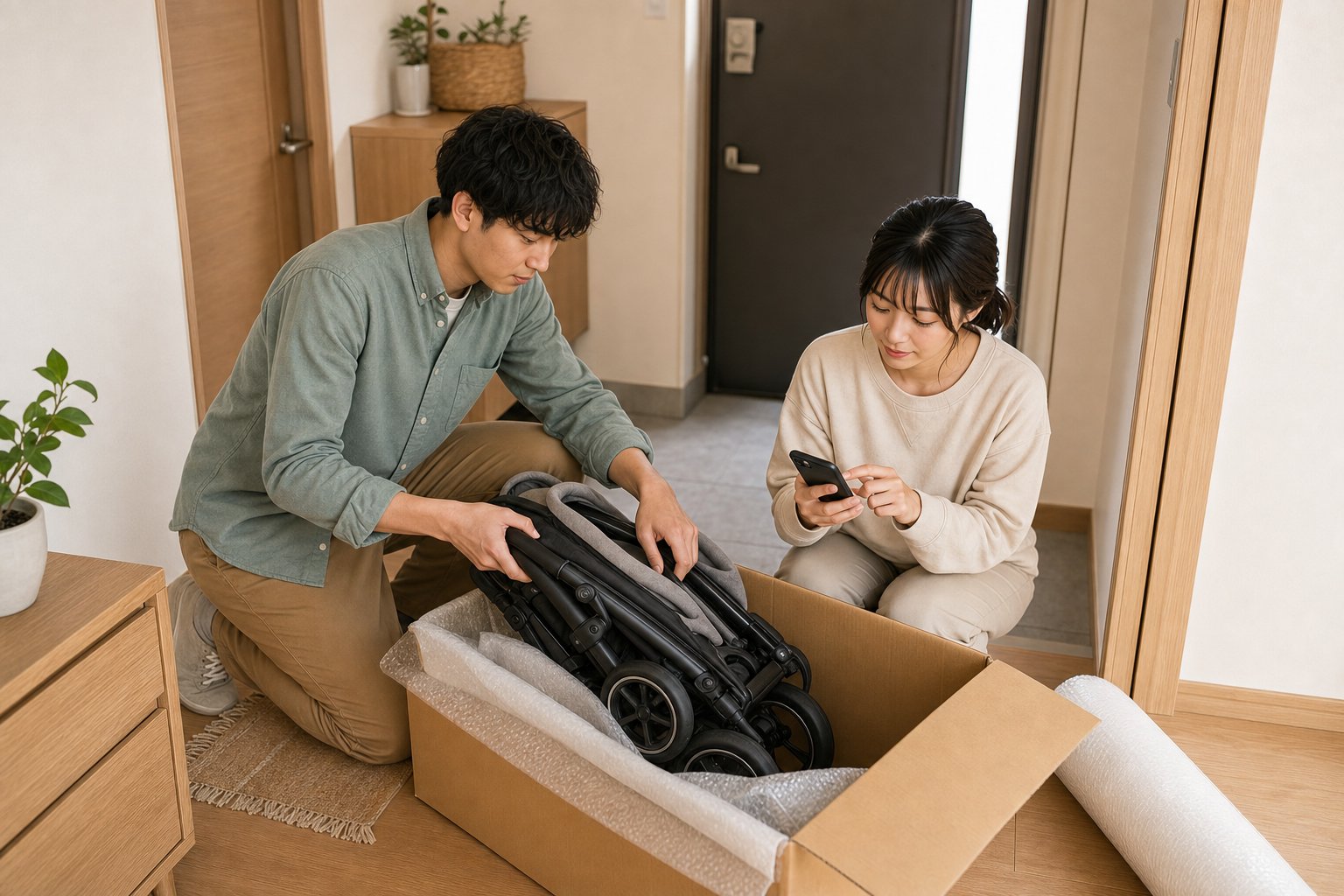 ベビーカーを梱包し返却手続きを確認する夫婦