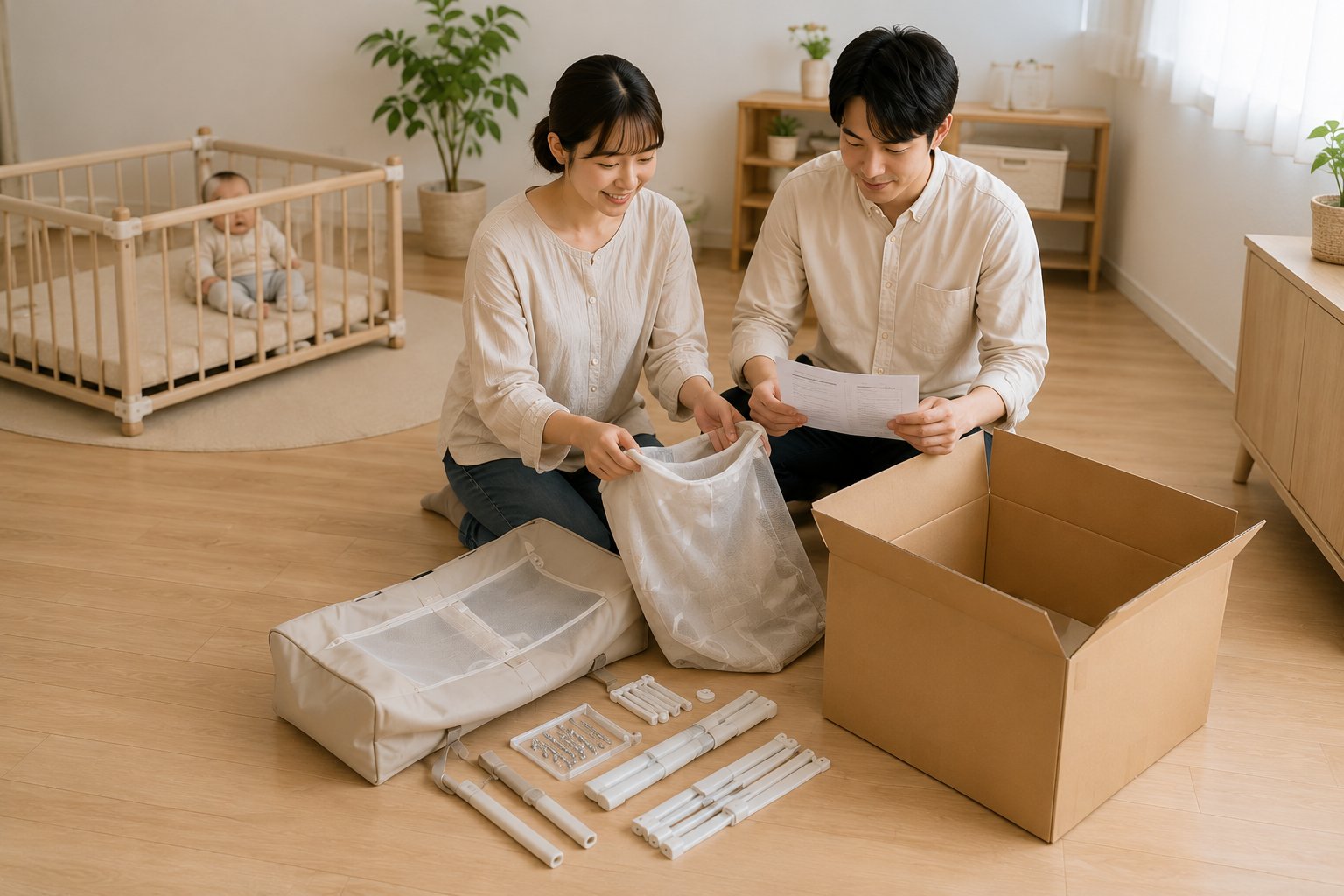 ベビーベッドの付属品を確認して返却箱へまとめる夫婦