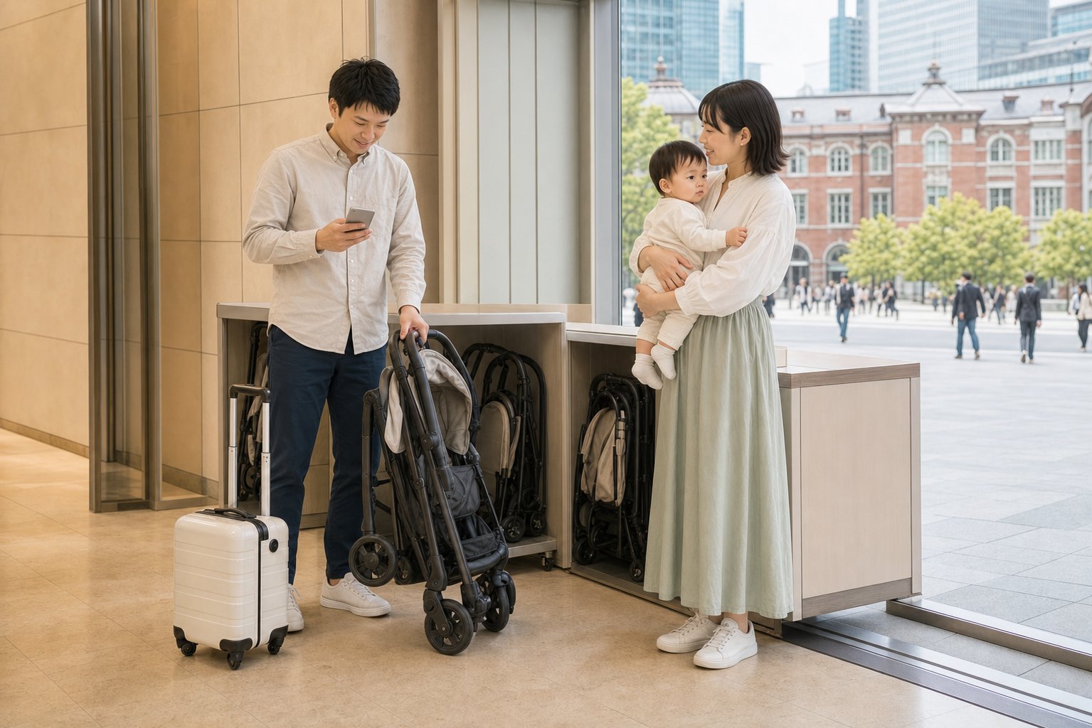 東京駅の貸出場所でベビーカーを返却する家族