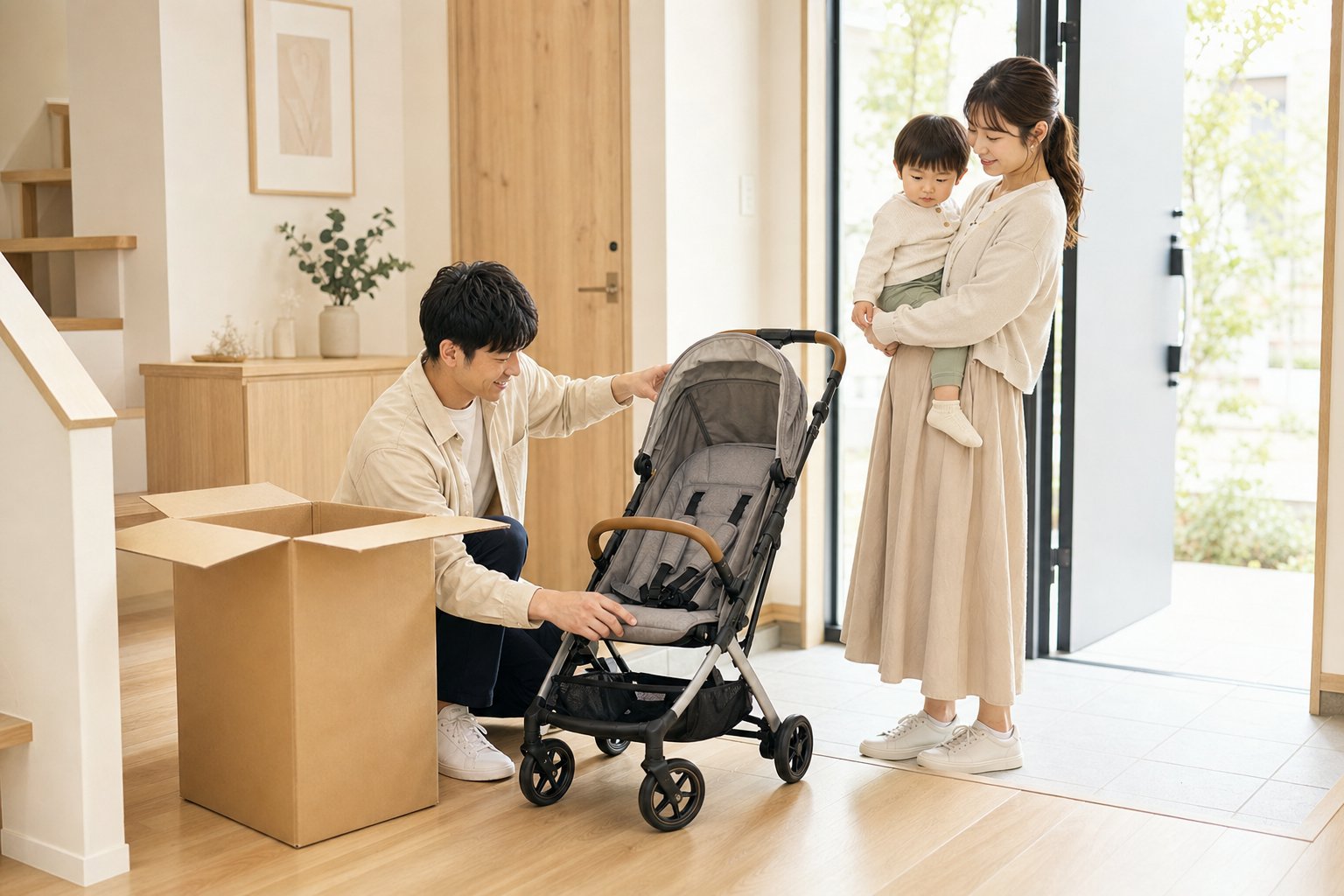 階段のある自宅玄関で父が段ボールからベビーカーを出し、幼児を抱く母が見守る
