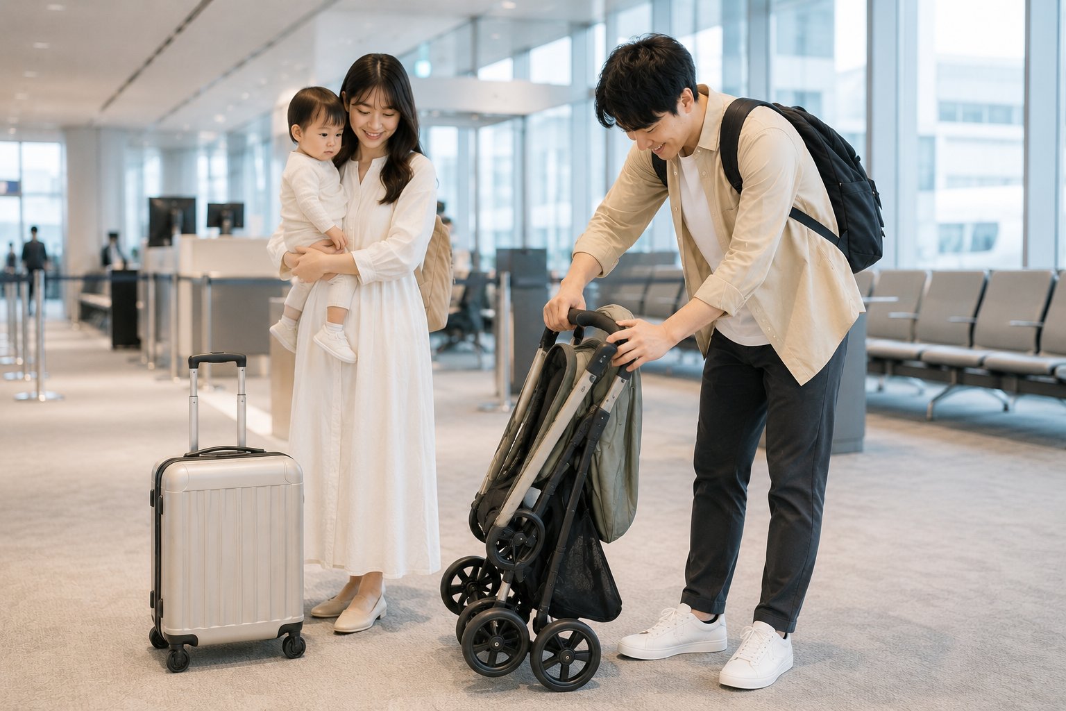 空港でレンタルベビーカーを準備する家族