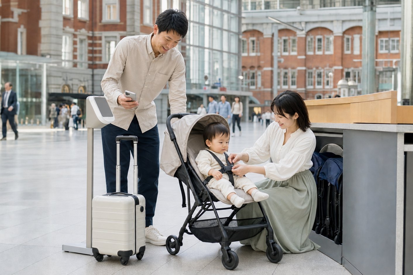 軽量ベビーカーをレンタルで受け取る家族