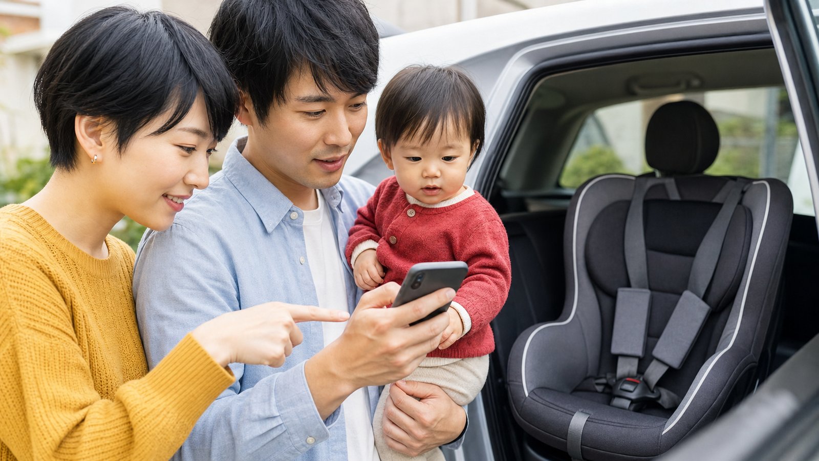 父母と乳児がスマホ画面を確認、右側に車載済みの空のチャイルドシート
