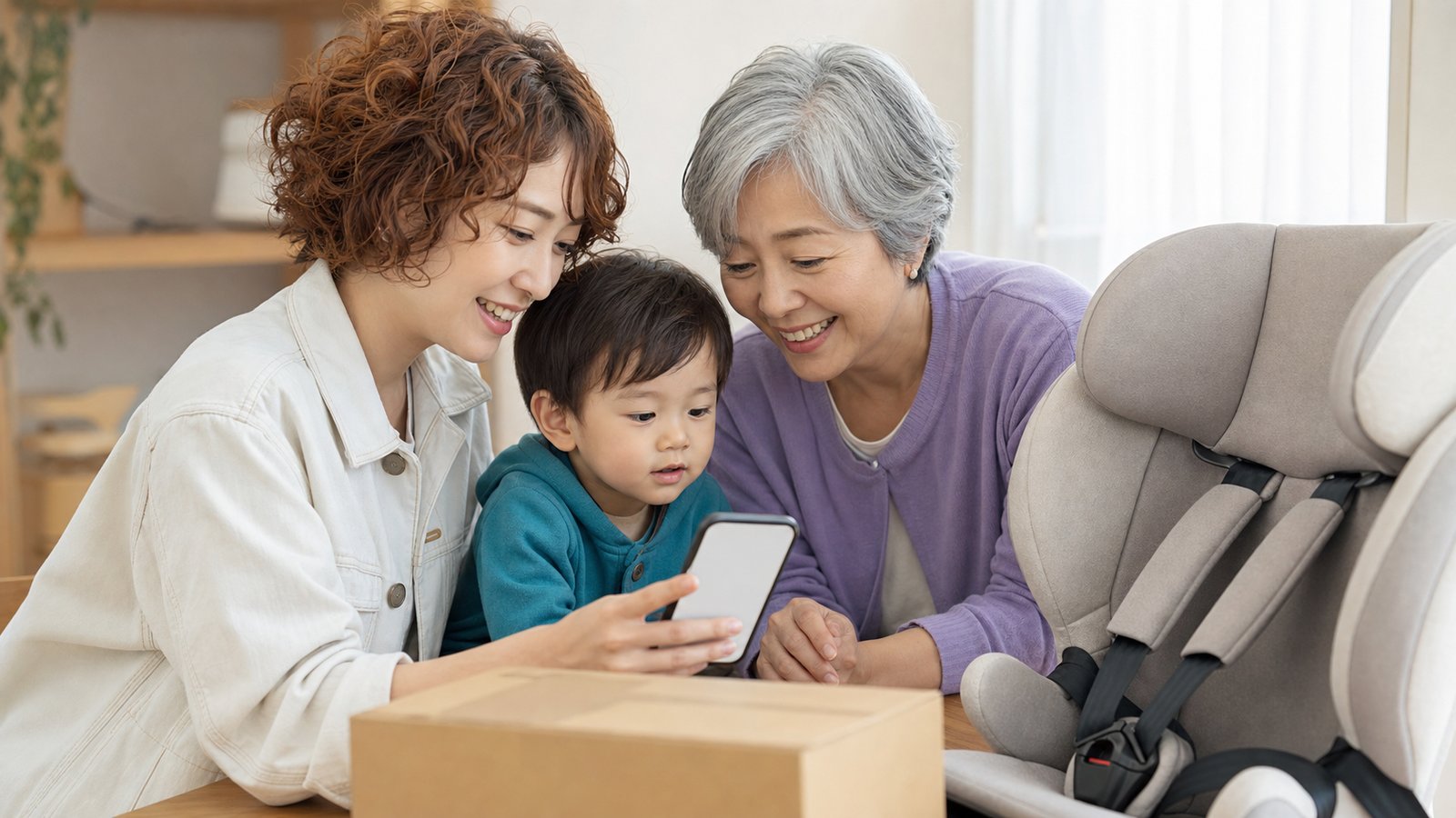 祖母と母、男児がリビングでスマホを覗き込む、手前に配送の段ボール箱