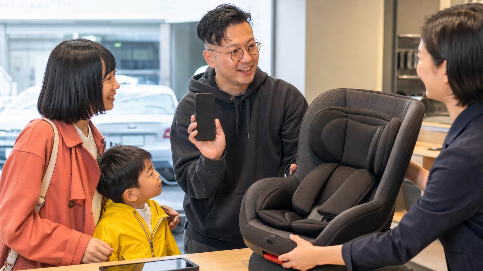 店舗で父がスマホを見せながらスタッフに黒いチャイルドシートを手渡す