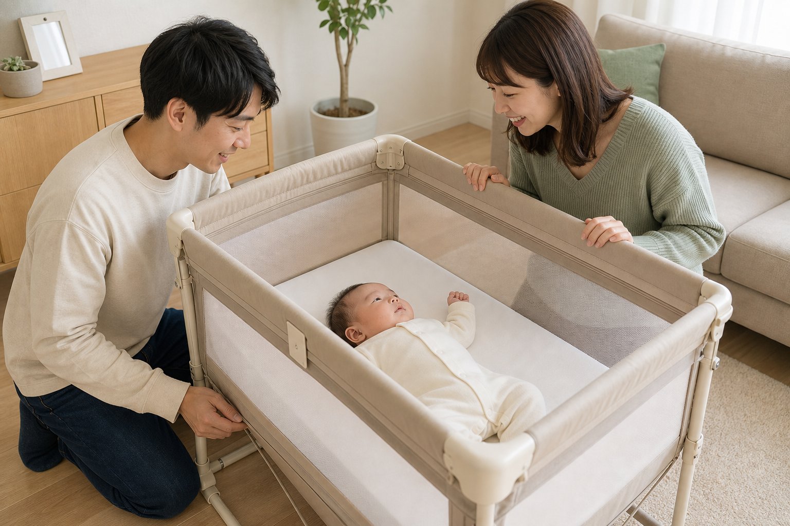 リビングで両親がメッシュ製の折りたたみベッドに赤ちゃんを寝かせ確認