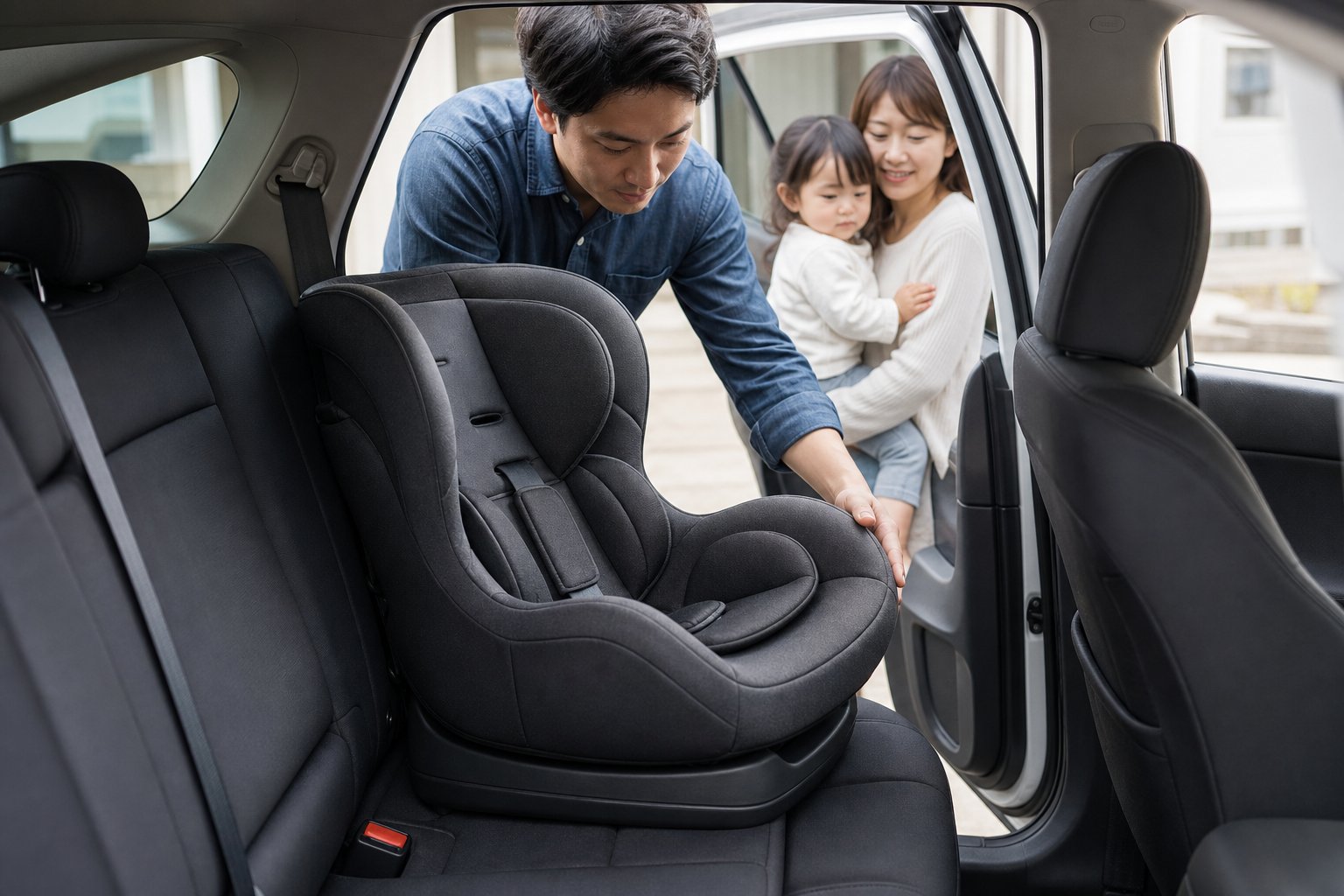 車へのベビーシート適合を確認する様子