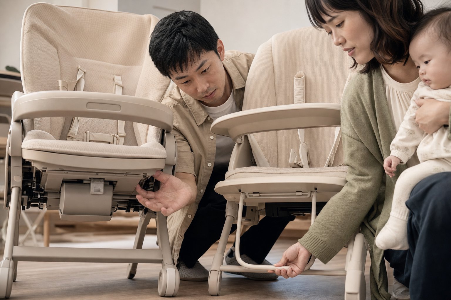 夫婦が2脚のハイローチェアを並べて脚部・キャスター部分を比較検討している