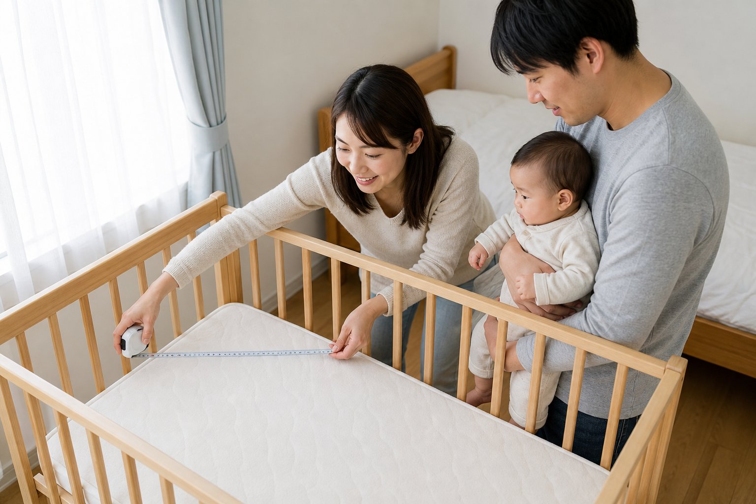 処分前にベビーベッドのサイズを測る夫婦