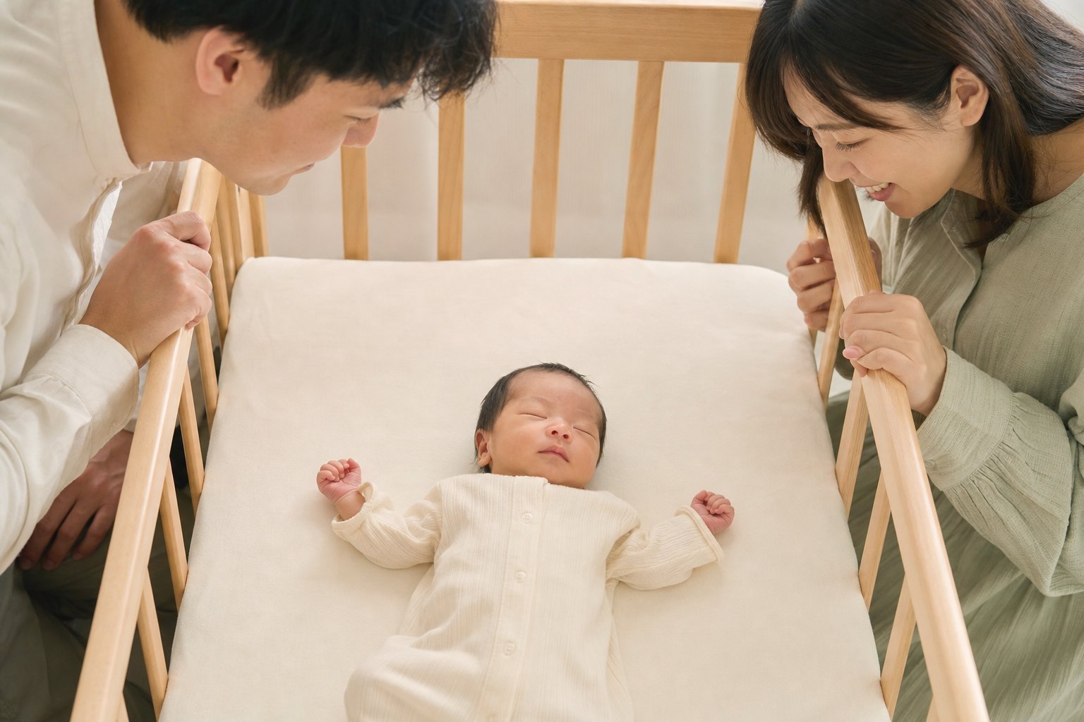 両親が柵に手を添え、眠る新生児を左右から見下ろし微笑む