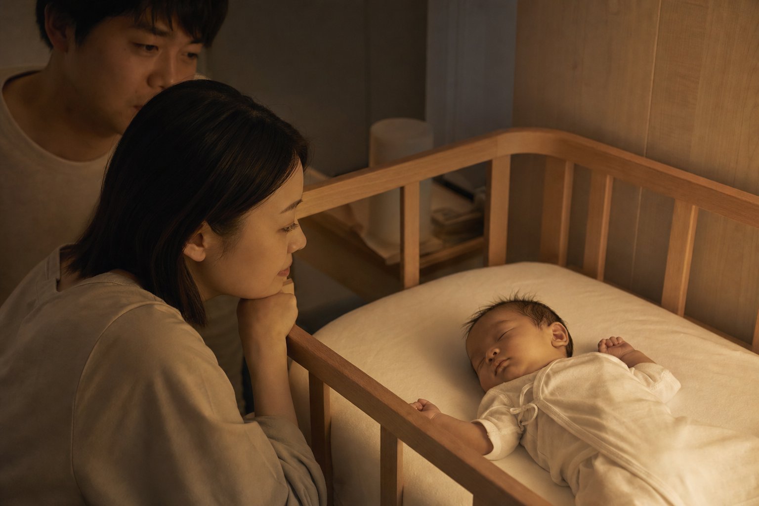 夜の薄暗い寝室で両親が柵越しに眠る赤ちゃんをじっと見守る