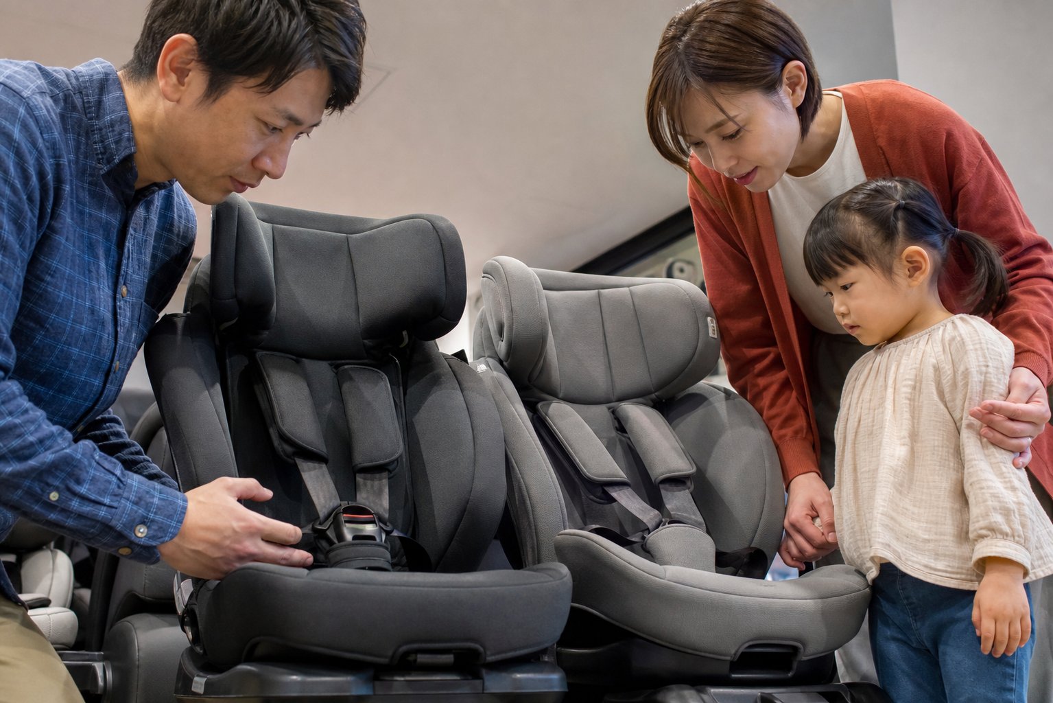 父母と幼児が2種類のグレーのチャイルドシートを並べて見比べる