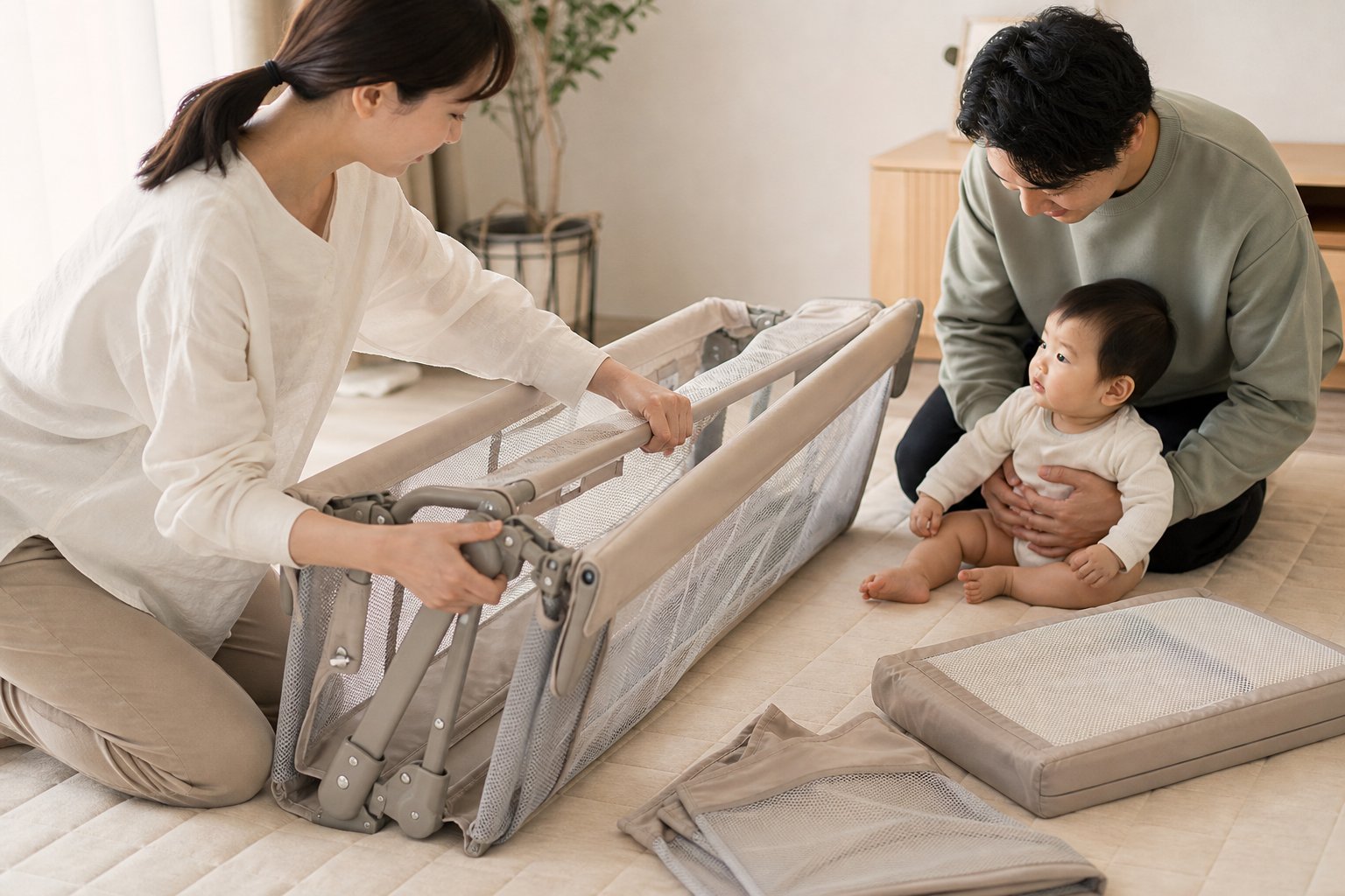 母親が折りたたみベッドを畳む作業中、父は赤ちゃんを抱いて見守る
