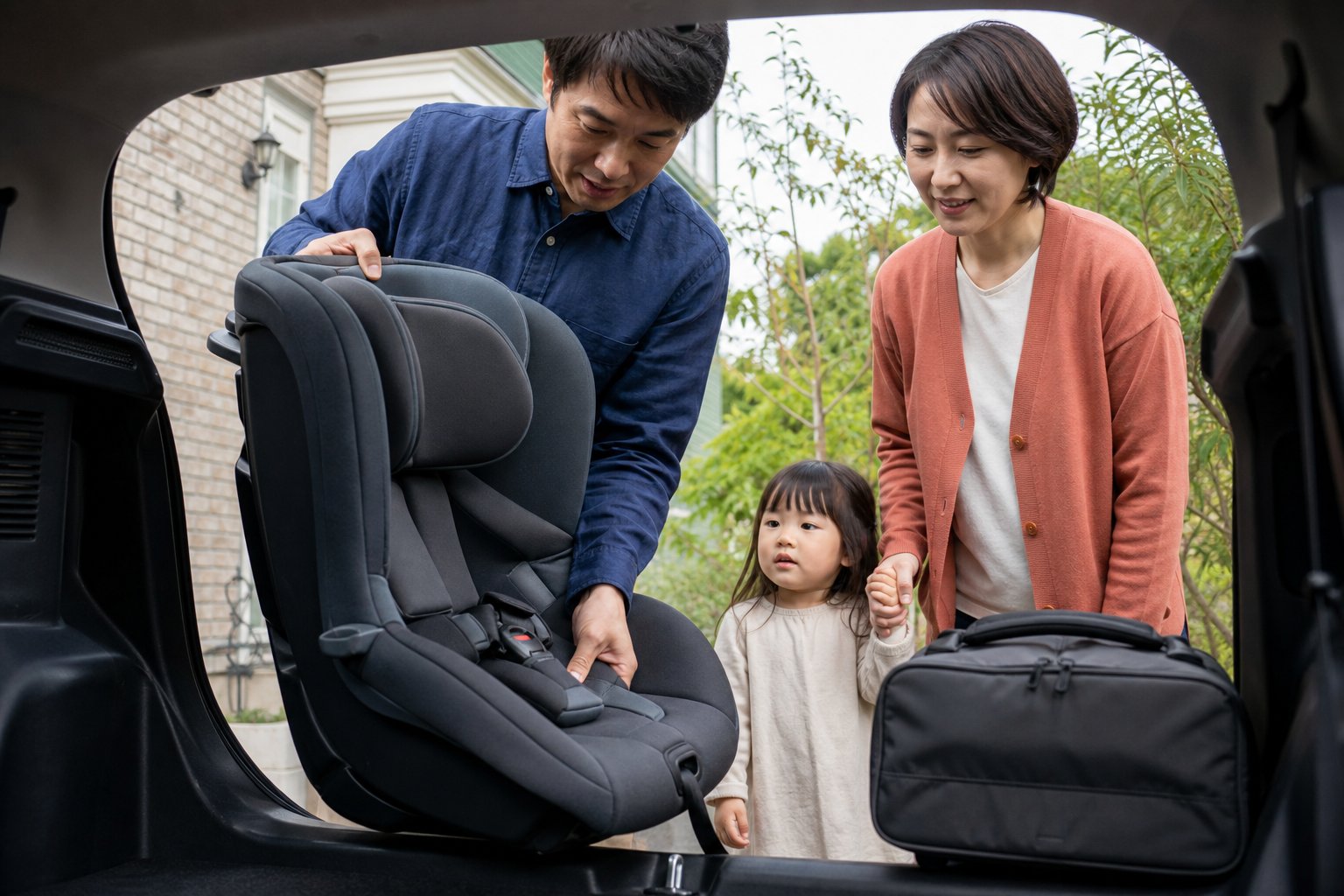 車のトランクに父がチャイルドシートを積み込む、母子と旅行バッグが外で待つ
