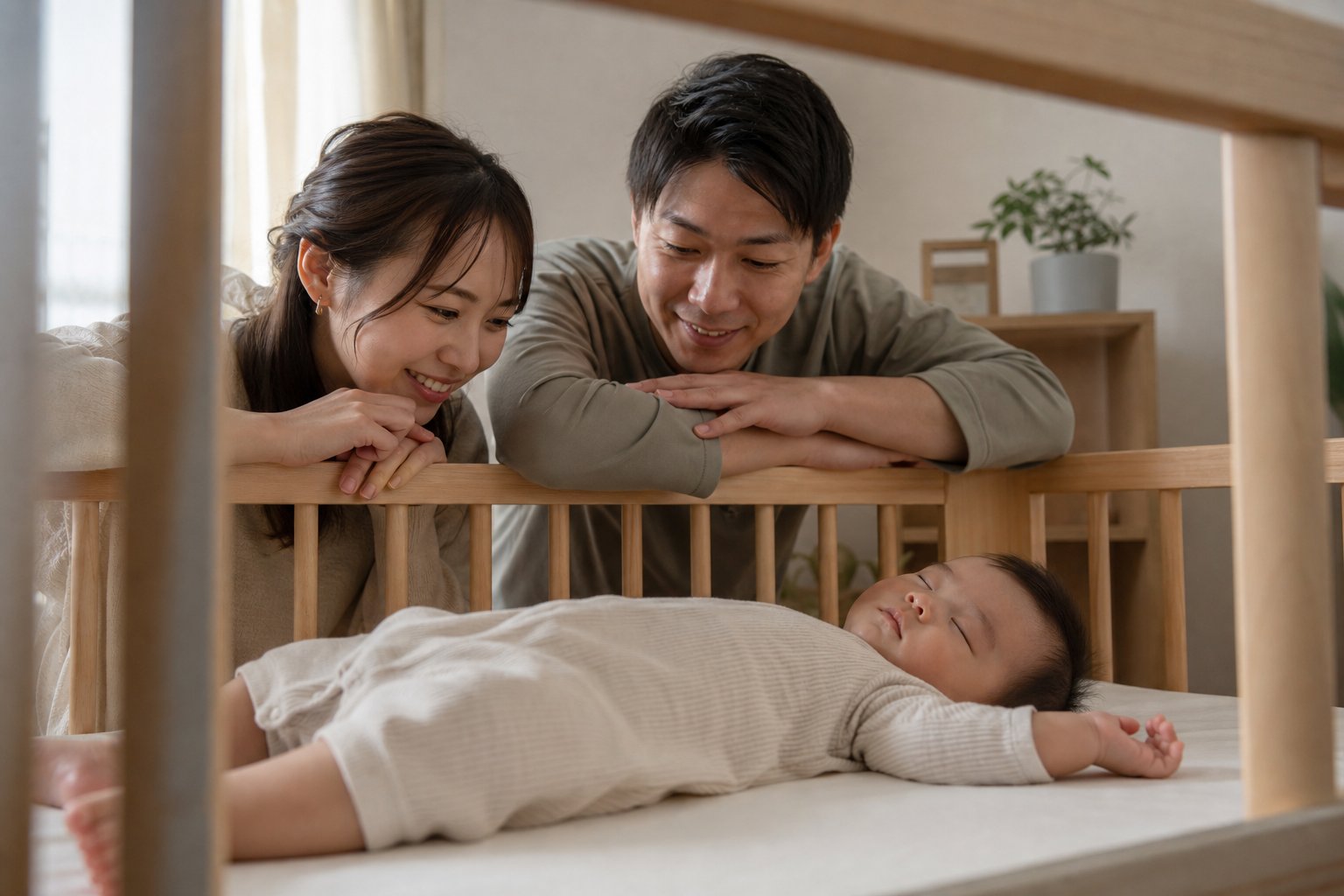 両親が柵にもたれかかり、眠る赤ちゃんを笑顔で見つめる近接カット