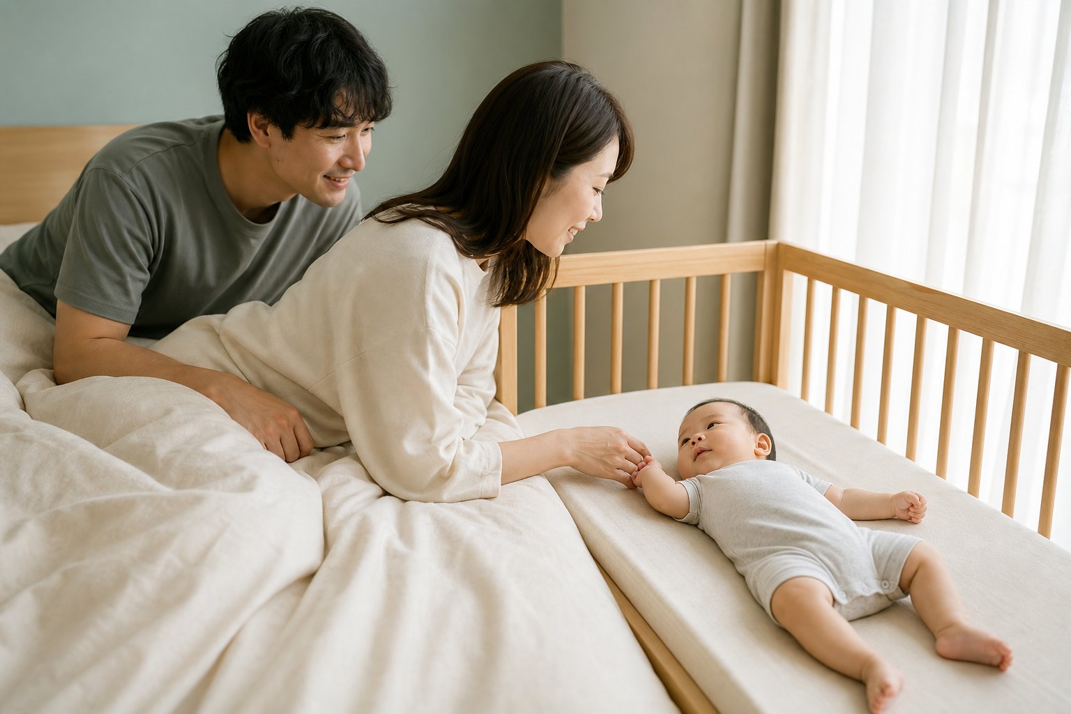 大人のベッドの横に置いた添い寝タイプのベビーベッド