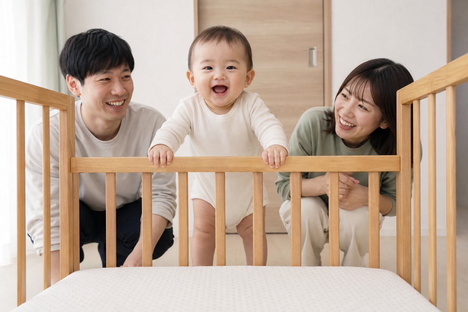 ベビーベッドでつかまり立ちする赤ちゃん