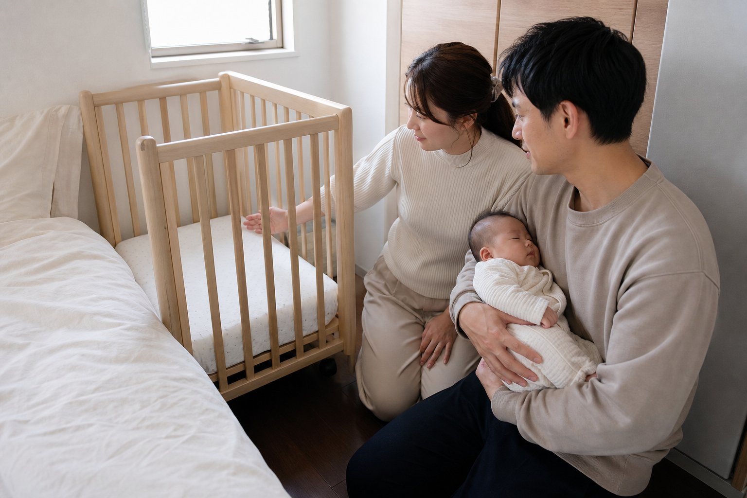 母がベッド脇に立ち、眠る新生児を抱く父を見つめる寝室の一場面