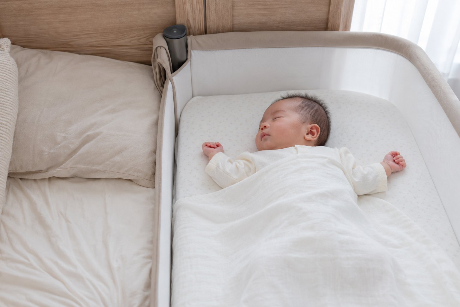 親ベッドに連結した添い寝ベッドで、毛布にくるまれた新生児が眠る