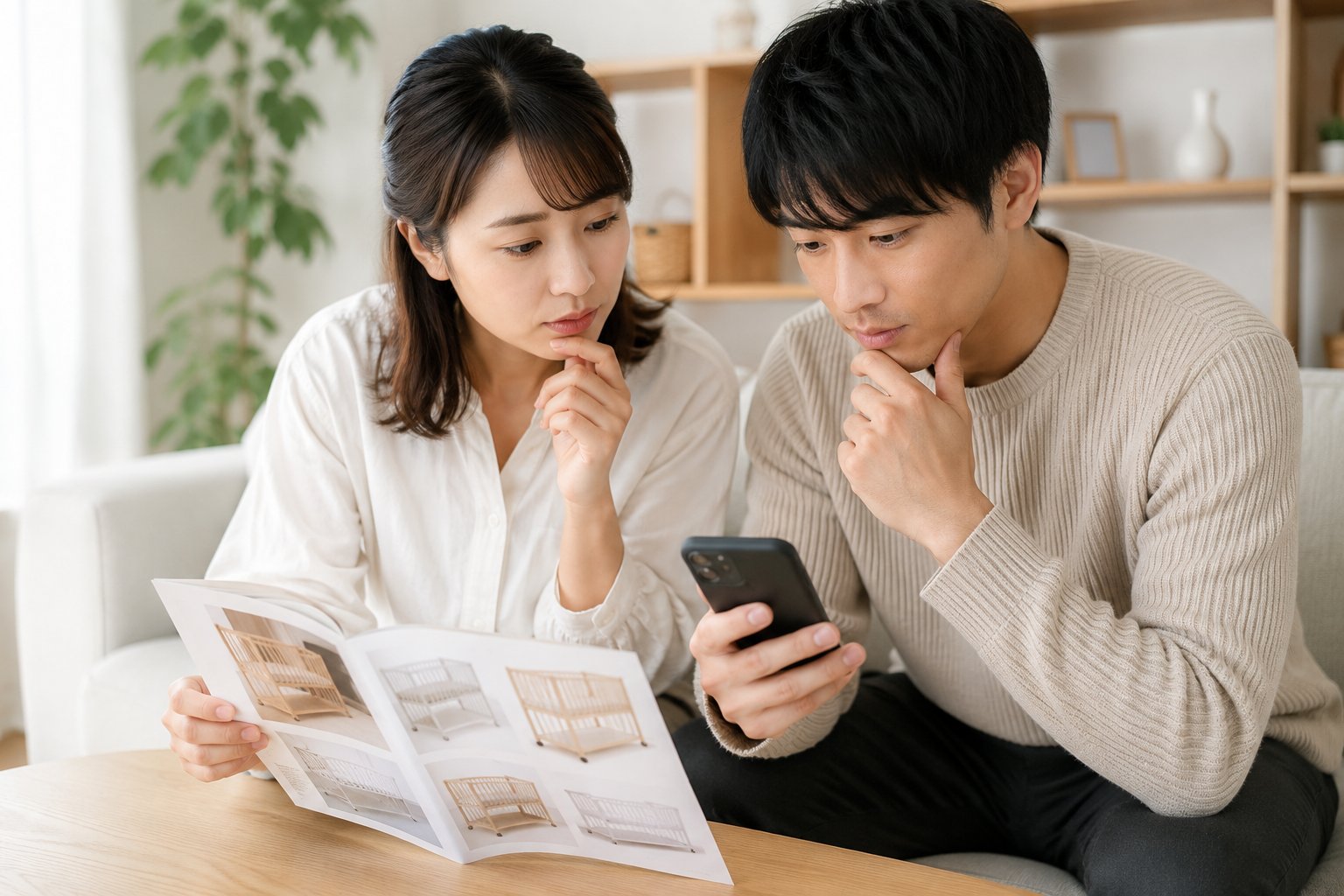 ソファで男女がベッドのカタログ冊子とスマホを見比べ悩んでいる