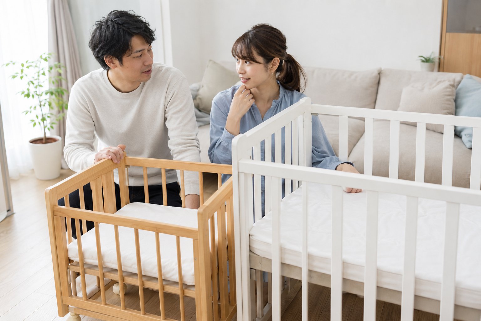 リビングで木製と白色2種のベビーベッドに手を添え比較する男女