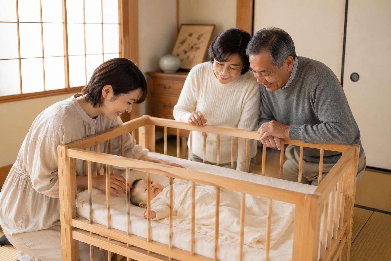 里帰り先でベビーベッドを囲む家族