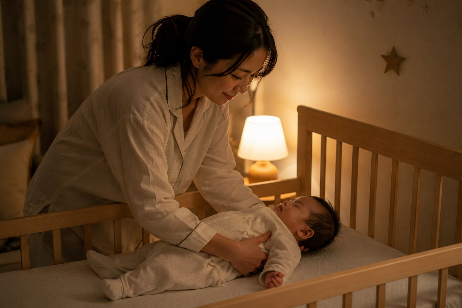 常夜灯が灯る夜の寝室で、母親がベッドの赤ちゃんを寝かしつけている