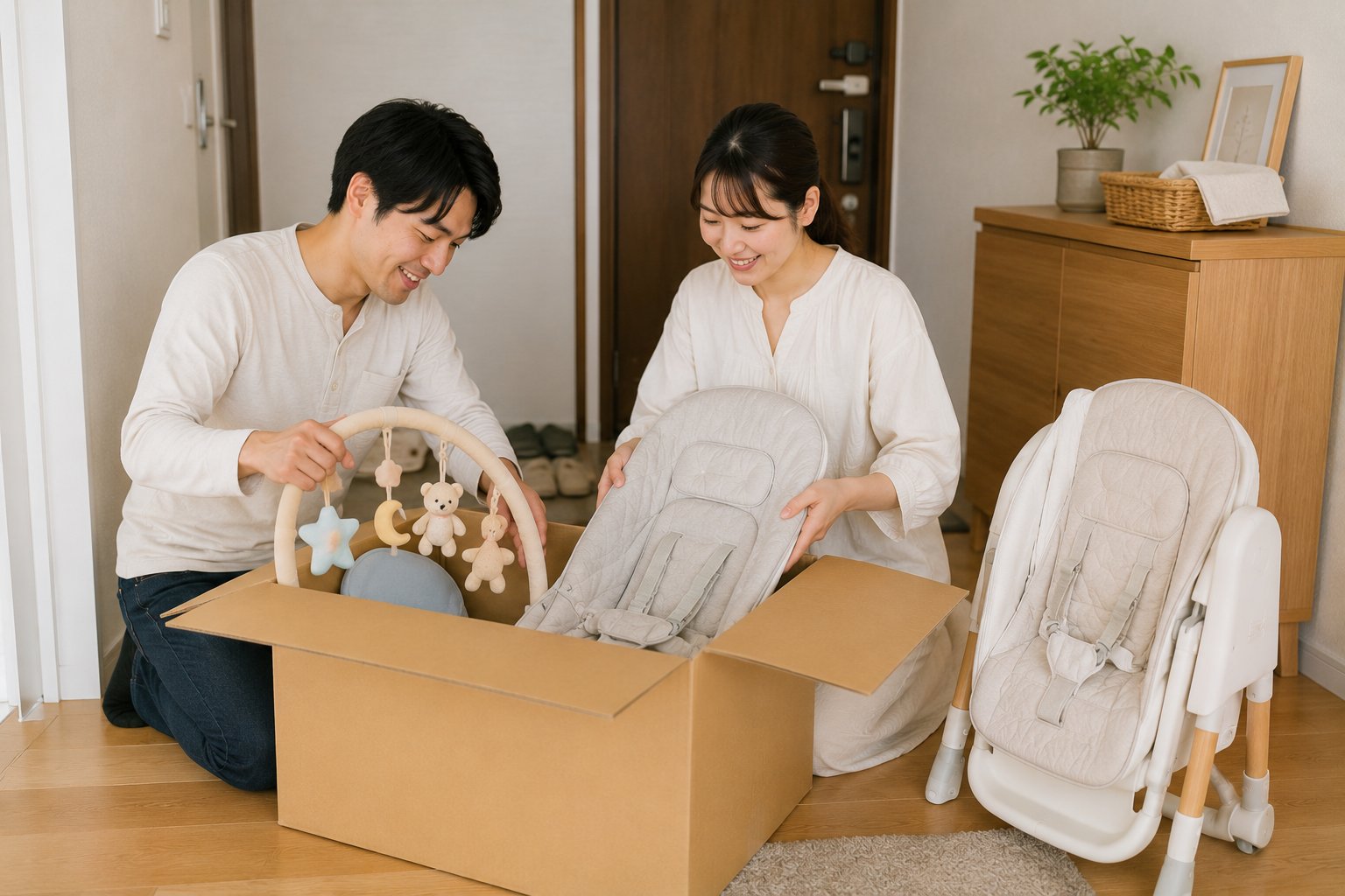 玄関で夫婦が段ボールからベビーベッドのメリーとバウンサーを開封し笑顔