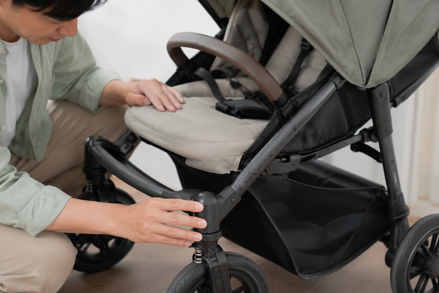 ベビーカーの座面クッションと車輪の付け根を手で押さえて確認するクローズアップ