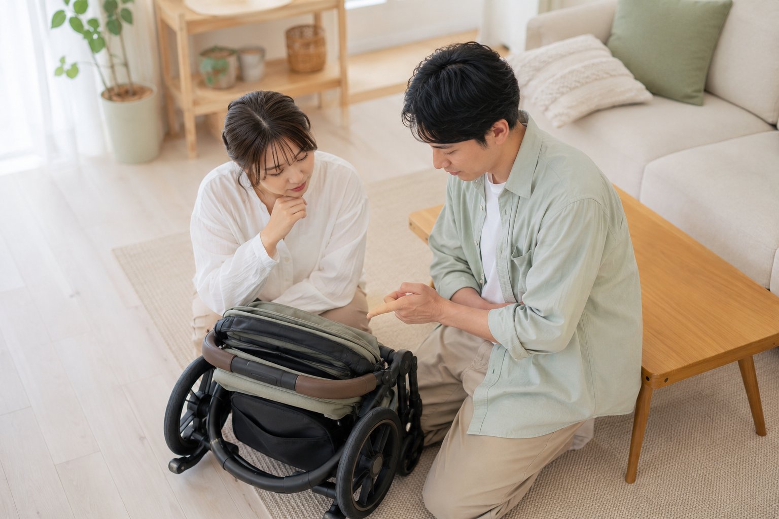 リビングで畳んだベビーカーを前に夫婦が顔を寄せて相談する俯瞰構図
